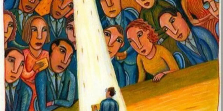 Kalabalık ve endişeli yüzlerden oluşan, kaygıyı anlatan renkli bir resim